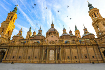 Selective focus on Basilica of Our Lady of Pillar in Zaragoza city, Aragon in Spain.