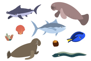 Set of sea animals - hummerhead shark tuna sea elephant surgeonfish manatees. Undersea world habitants print. Hand drawn underwater life collection. Funny cartoon marine animals character for kid.