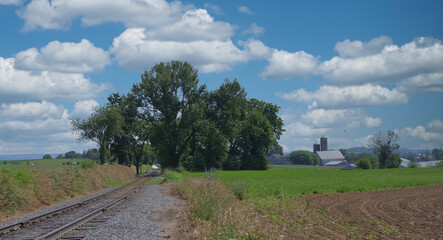 View of a Lonely Rail Road Track Going thru Trees and Farmland on a Sunny Summer Day