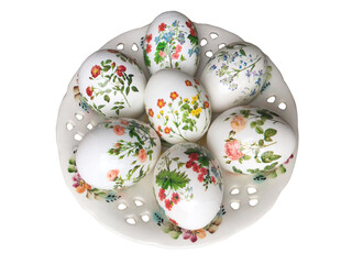 Top view of a decorative festive plate with seven decorated easter eggs isolated on a white background