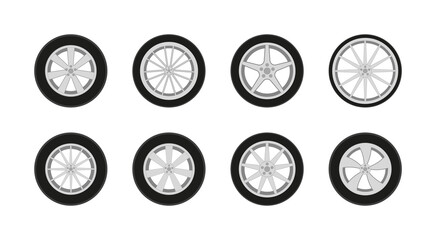Obraz na płótnie Canvas Car wheel. Car tire with rim. Icon of sport auto tyre. Set of rim from alloy for truck and race automobile. Design of wheel with steel and rubber. Pictogram for logo. Different vehicle tires. Vector