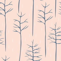 Stylish seamless winter pattern with creative blue trees on a pink background. Landscape texture for wallpapers, covers, patterns, fabric printing, digital paper, postcards, banners