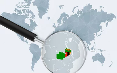 Foto op Aluminium World map with a magnifying glass pointing at Zambia. Map of Zambia with the flag in the loop. © boldg