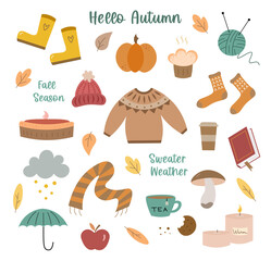 Fall cartoon illustrations for scrapbook, stickers. Autumn hygge icons set. Vector pumpkin, sweater, socks, autumn leaves, mushroom, cloud, coffee and a cup of tea, pie and cookies, rubber boots etc.