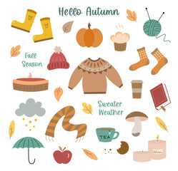 Fall cartoon illustrations for scrapbook, stickers. Autumn hygge icons set. Vector pumpkin, sweater, socks, autumn leaves, mushroom, cloud, coffee and a cup of tea, pie and cookies, rubber boots etc.