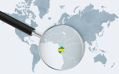 World map with a magnifying glass pointing at Gabon. Map of Gabon with the flag in the loop.