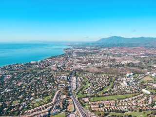 San Pedro Alcantara, Spain- August 23, 2021. Aerial view of the coastal town San Pedro Alcantara, in Marbella