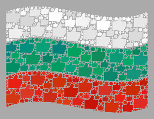 Mosaic waving Bulgaria flag designed with like icons. Vector approval mosaic waving Bulgaria flag constructed for social applications. Bulgaria flag collage is organized with scattered thumb up items.