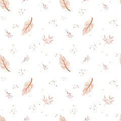 Lovely seamless pattern in boho style. Pink feathers and floral elements on the whitebackground. Tribal feather cartoon illustration. Indian ethnic ornament. Cute scandinavian kids print. © Tatiana