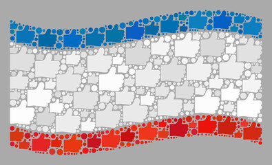 Mosaic waving Crimea flag designed of like items. Vector confirmation collage waving Crimea flag designed for politics applications. Crimea flag collage is formed of randomized thumb up items.