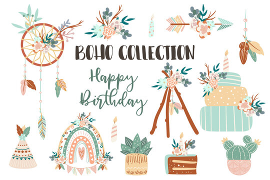 Boho chic collection of icons with feathers, flowers, floral compositions, birthday cakes, arrows, cactus on pots, dreamcatcher, wigwams, candles, scandinavian rainbow in boho style