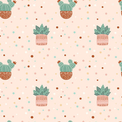 Seamless pattern of cacti. Repeating background with cactus in pots and polka dots. Pattern in earthy and natural colors in boho style. Vector illustration