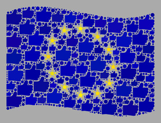 Mosaic waving Europe flag created with like icons. Vector confirmation collage waving Europe flag constructed for demographics propaganda. Europe flag collage is designed with random like icons.