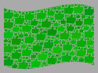 Mosaic waving green flag created with like items. Vector choice mosaic waving green flag created for social illustrations. Green flag collage is designed from randomized like items.