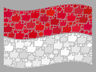 Mosaic waving Indonesia flag designed of thumb up items. Vector election collage waving Indonesia flag designed for demographics posters. Indonesia flag collage is organized of scattered hand items.