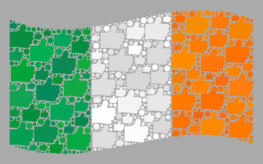 Mosaic waving Ireland flag designed with thumb up elements. Vector election collage waving Ireland flag created for national posters. Ireland flag collage is created with random thumb up items.