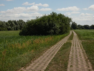 Fototapeta na wymiar Rural landscape with road made of concrete slabs, Gdansk, Poland