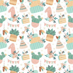Vector cartoon birthday illustration in trendy boho style. Seamless pattern with birthday cake, candle, cactus, wigwam, flower and feather. First birthday. One year party. Hand drawn Boho elements.