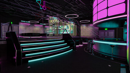 3D rendering of a futuristic cyberpunk nightclub interior and bar. - obrazy, fototapety, plakaty