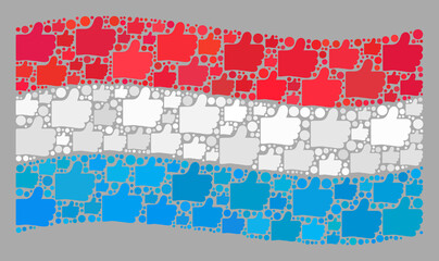 Mosaic waving Luxembourg flag designed with thumb up icons. Vector positive mosaic waving Luxembourg flag designed for political propaganda.
