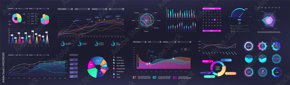 Aufkleber Graphic and charts for Business presentation. Histogram graph template with infographic, pie charts, diagrams, statistic and analysis for finance presentation or report. Modern graphic set. Vector