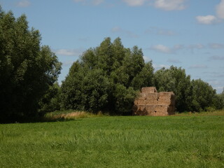 Rural landscape with square haystacks under green trees, Gdansk, Poland