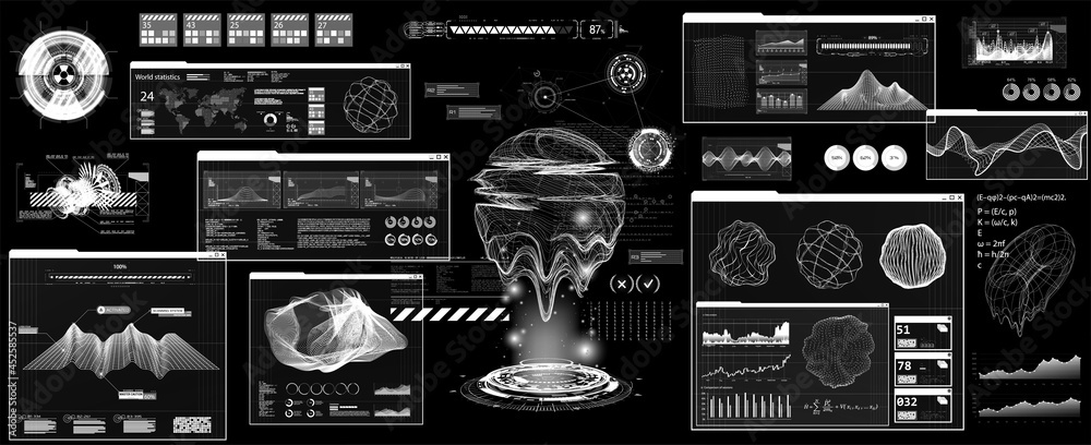 Poster Futuristic User Interface with Head Up Display - HUD. Futuristic dashboard interface for UI, UX, GUI. Scifi callouts titles and windows frame in HUD style. 3D Hologram geometric shapes. Vector FUI