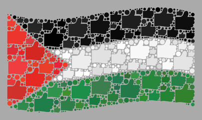 Mosaic waving Palestine flag designed of thumb up items. Vector positive mosaic waving Palestine flag combined for political advertisement.