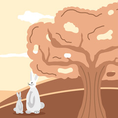 rabbits and dry tree