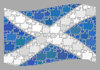 Mosaic waving Scotland flag created with thumb up icons. Vector selection mosaic waving Scotland flag created for politics purposes. Scotland flag collage is designed of random thumb up icons.