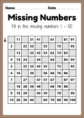 Preschool math worksheets, missing numbers 1 to 100 printable sheet for kindergarten kids activity to learn basic mathematics skills.