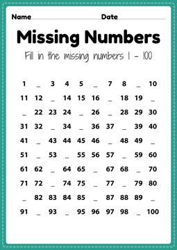 Maths worksheets, missing numbers 1 to 100 printable sheet for preschool and kindergarten kids activity to learn basic mathematics skills.