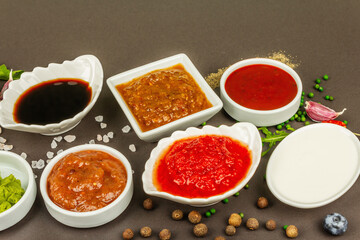 Set of different sauces - ketchup, mayonnaise, barbecue, soy, chutney, wasabi, adjika, horseradish