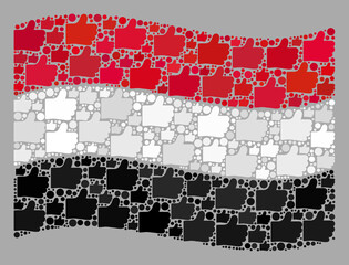 Mosaic waving Yemen flag created of like icons. Vector confirmation mosaic waving Yemen flag organized for national applications. Yemen flag collage is organized with random like icons.