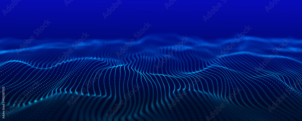 Poster dots futuristic background with dynamic wave. 3d visualization of big data. energy flows. 3d renderi