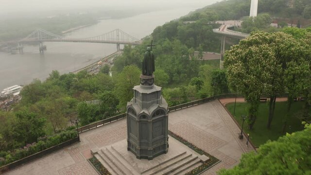 Saint Volodymyr Monument who christened Kievan Rus. Aerial filming. It s one of the famous landmarks of Ukraine. Saint Vladimir Monument often depicted in paintings and photographs of the city