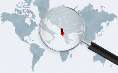 World map with a magnifying glass pointing at Albania. Map of Albania with the flag in the loop.