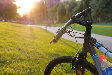 Fototapeta na wymiar Bicycle in a city park on a sunny day at sunset. Active lifestyle