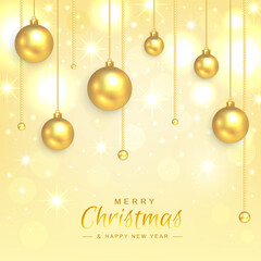 Merry Christmas and Happy New Year card. Greeting card with hanging golden christmas balls on gold chains and with bright bokeh, stars and glow