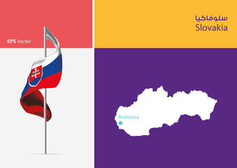 Flag of Slovakia on white background. Map of Slovakia with Capital position - Bratislava. The script in Arabic means Slovakia