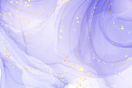 Abstract luxury lavender liquid watercolor background with golden stains. Pastel violet marble alcohol ink drawing effect. Vector illustration design template for wedding invitation