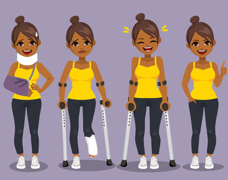 Beautiful Young Black Girl On Different Poses With Broken Arm In Sling And Fixing Collar Around Neck, Broken Leg Cast With Crutches And Happy Recovered