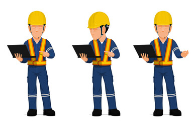 set of worker with laptop on white background