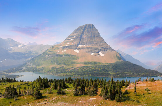 Overview of Bearhat Mountain and Hidden Lake viewing from Hidden Lake Overlook along the logan Pass, Glacier National Park, Montana USA.