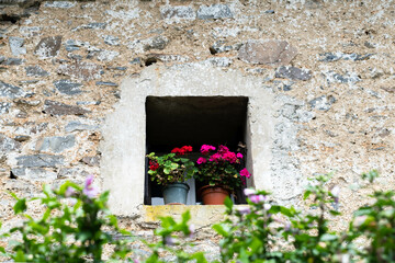 A window in a rural house with colourful flowers 
