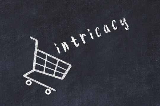 Chalk drawing of shopping cart and word intricacy on black chalboard. Concept of globalization and mass consuming
