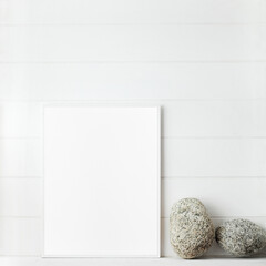 minimalist mockup frame on white wooden wall