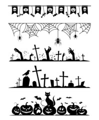 Happy Halloween set of design elements and borders. Isolated black silhouette. Vector