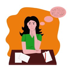 Young woman sits at a table and thinks. A cartoon character trying to formulate thoughts for writing a text. Colored vector illustration on an orange background.