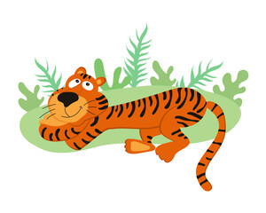 Cute cartoon tiger lies in the leaves. Vector character illustration.